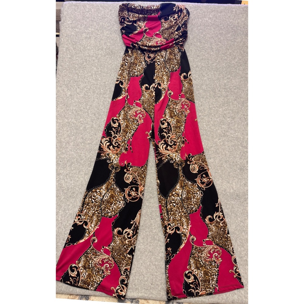Misty Rose Strapless Wide Leg Jumpsuit Pink Leopard Baroque Chain Print XS/S